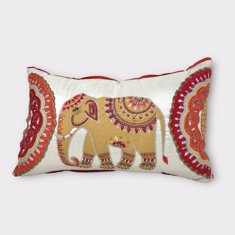 Elephant Beaded & Embroidered White Red & Beige Pillow by Atira Designs - Picture 6 of 6